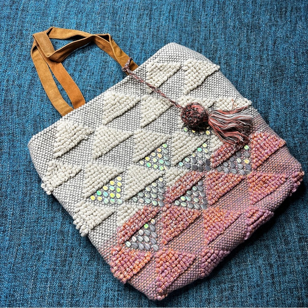 Fabulous MJ New York Beaded Tassel Large Tote Bag Boho Cream Gray Pink w/ Beads